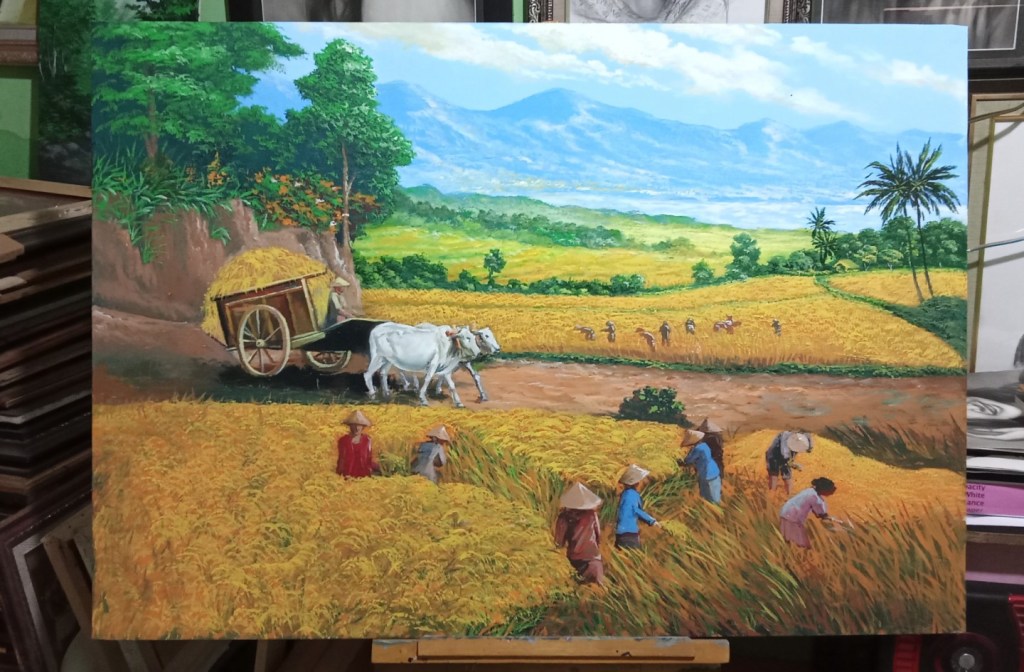 Lukisan panen raya,lukisan pemandangan sawah,