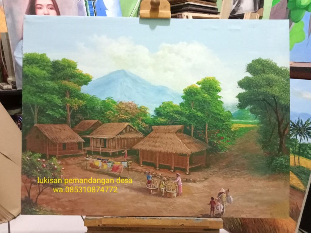 Jual lukisan kanvas terdekat pemandangan desa jaman dulu dilukis oleh Tasripin